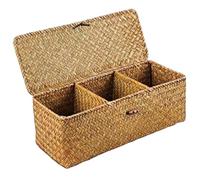 Paniers de rangement rectangulaires en jonc de mer avec couvercle, 33 x 12,7 x 10,2 cm, panier de rangement en osier à 3 compartiments, organiseur de rouleaux de papier toilette pour l'organisation de