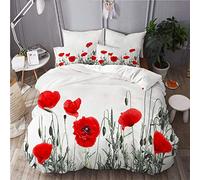 PANILUR Parure de lit，Coquelicots Rouges maïs Pavot maïs Rose Flandre Pavot sur Fond Blanc，Housse de Couette et taies d'oreiller Microfibre avec Fermeture éclair 220x240cm