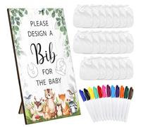 Panitay Lot de 43 jeux de fête prénatale avec panneau de jeu en bois pour fête prénatale avec 30 bavoirs blancs vierges pour décoration de bébé, 12 marqueurs pour fête prénatale (animal des bois bois)