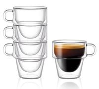 Panlouting 4 Pack | Tasses à Expresso en Verre Isotherme Double Paroi | Tasses à Expresso 150ml avec Anse | Verre Isotherme Transparent Empilable