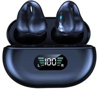 Panlouting Bluetooth 5.3 Écouteurs Oreille Ouverte Open Ear Clip-on IPX5 Imperméable Annulation de Bruit Commande Tactile Microphone LED Affichage de Puissance avec Boîtier de Charge (Noir 2)