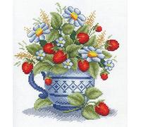 PANNA Kit de broderie au point de croix : fraises sauvages dans un pot bleu