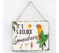 Panneau à suspendre en bois « It's Five O'Clock Somewhere » - Décoration de table de salle de bain - Jolie plaque en bois avec flamant rose tropical Luau - 25,4 x 30,5 cm