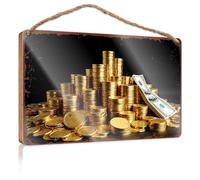 Panneau à suspendre Golden Treasure : A Stack Of Shiny Coins And Cash - Accessoire de chambre pour homme - Décoration d'intérieur funky (23 x 35 cm)