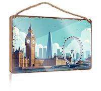 Panneau amusant à suspendre pour porte Motif monuments de Londres : Big Ben, The Shard, and London Eye Panneau en bois à suspendre pour porche Décoration de camping-car (15 x 28 cm)