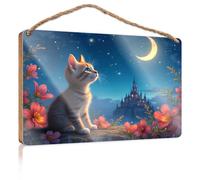 Panneau amusant en bois à suspendre pour porte ou toilettes Motif chat Dreams Under The Moonlit Sky 20 x 30 cm