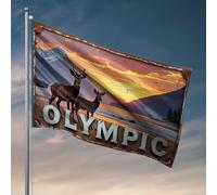 Panneau amusant pour cuisine - Motif coucher de soleil olympique - Cerf sur la plage avec montagnes enneigées en T - Panneau vintage pour salle de bain - 152 x 244 cm