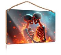 Panneau amusant pour homme avec deux squelettes amoureux lumineux avec passion ardente, panneau en bois pour décoration murale, décoration murale, décoration de bureau (23 x 35 cm)