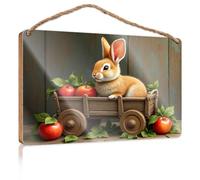 Panneau amusant pour homme, cave A Cute Rabbit Sits in A Wooden Cart filled with Fresh Apples Wood Sign Kitchen Sign Wall Decor Fall Office Decor (15 x 28 cm)