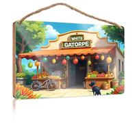 Panneau amusant pour homme, grotte, un stand de fruits coloré nommé Gatorpe blanc avec un vélo garé à l'extérieur, panneau en bois pour cuisine, décoration murale, décoration de bureau d'automne (20 x
