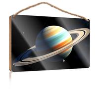 Panneau amusant pour homme, grotte une planète avec anneaux dans l'espace, panneau en bois, décoration murale pour bureau, automne (20 x 30 cm)