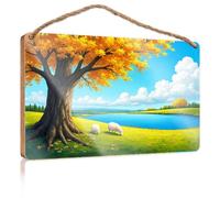 Panneau amusant pour salle de bain - Moutons pâturant sous un arbre doré au bord de la rivière - Décoration de porche - Décoration extérieure de ferme (23 x 35 cm)