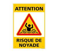 Panneau Attention, Risque De Noyade Pvc 1 Mm - 300 X 420 Mm Signalisation Rectangulaire Prépercée Avec Kit De Fixation Fabrication Française