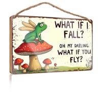 Panneau avant grenouille volante sur champignon : « What If I Fall? What If You Fly? » - Décoration murale d'extérieur pour toilettes (23 x 35 cm)