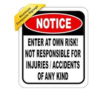 Panneau avec inscription « Enter At Own Risk Not Responsible for Blessures or Accidents » - Panneau de sécurité - Panneau d'avertissement - Panneau de sécurité - Décoration de chambre - Panneaux