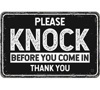 Panneau avec inscription « Please Knock Before Entering » | Plaque en métal | Protégez votre entreprise, votre chantier, votre entrepôt et votre magasin
