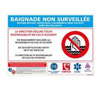 Panneau - Baignade Non Surveillée - Plastique rigide PVC 1,5 mm - Dimensions 420 x 300 mm - Protection Anti-UV