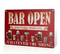 Panneau « Bar Open », « Proudly Serving Whatever You Bring », 20,3 x 30,5 cm, rouge