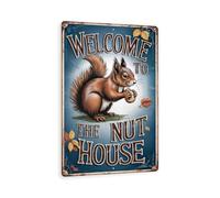 Panneau « Bienvenue chez Nut House » - Art mural en métal vintage écureuil 20 x 30 cm, décoration d'automne rustique amusante, plaque en étain bleu avec feuilles
