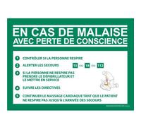 Panneau - Consigne Défibrillateur en cas de malaise - ISO 7010 210 x 150 mm PVC 2 mm