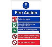 Panneau d’action en cas d’incendie VSafety 12006AU-S 5 messages, autocollant, format portrait, 200 mm x 300 mm, Noir/bleu/vert/rouge