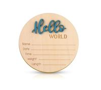 Panneau d'Annonce de Bébé, 15cm en Bois Hello World Panneau de Bienvenue pour Nouveau-Né Carte Mensuelle Bebe Bois pour Accessoires Photo Fête Prénatale Hôpital Crèche(Bleu)