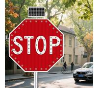 Panneau D'arrêt Solaire À DEL, 24"/30" Rouge Clignotant Octogonal En Aluminium Réfléchissant Robuste For Route Allée Ou Zone De Travaux(24IN)