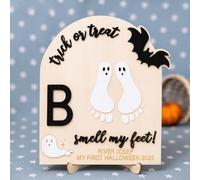 Panneau d'art personnalisé à faire soi-même en forme d'empreinte de pied ou de main pour Halloween, motif citrouille 3D, étape importante en bois, tour ou friandise, cadeau souvenir d'Halloween 2025