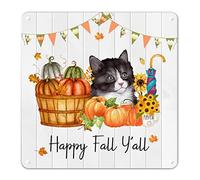 Panneau d'automne à suspendre en forme de citrouille en étain « Happy Fall Y'all » - Panneau en métal antique - Cadeau de Thanksgiving - Décoration de fête pour jardin, cafés, bar, grotte d'homme