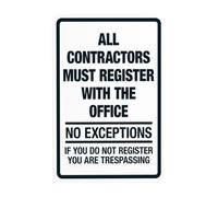 Panneau d'avertissement « All Contractors Must Register With The Office No Exceptions » - Panneau en métal pour entreprise, maison, cour, garage, rue, mur de sécurité, décoration personnalisée - 20,3