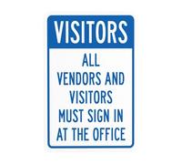 Panneau d'avertissement « All Visitors And Vendors Must Sign In At The Office » - Panneau d'avertissement de sécurité des visiteurs pour entreprise, maison, extérieur, intérieur, garage, mur de rue