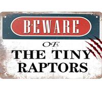 Panneau d'avertissement amusant en métal pour clôture de ferme, poulailler, décoration en bois rustique avec inscription « Beware of the Tiny Raptors » - Décoration murale vintage - 20,3 x 30,5 cm