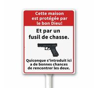 Panneau d'avertissement avec piquet en métal - This House is Protected by And by a Shotgun - 20 x 30 cm - Panneau d'extérieur pour jardin, cour, maison, entreprise - Aluminium robuste résistant aux