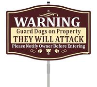 Panneau d'avertissement « Beware of Dog » pour clôture « Dogs on Property They Will Attack Please Notify Owner Before Enter » - 30,5 x 20,3 cm - Piquet en métal de 71,1 cm de long avec support en