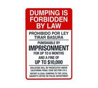 Panneau d'avertissement bilingue « Dumping Is Forbidden By Law », panneaux en métal pour entreprise, maison, extérieur, intérieur, route, cour, garage, mur de rue, décoration personnalisée, 20,3 x
