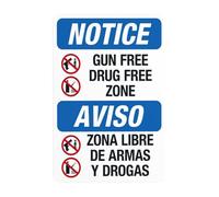 Panneau d'avertissement bilingue « Gun Free Drug Free Zone » en métal pour entreprise, maison, extérieur, intérieur, route, cour, garage, mur de rue, décoration personnalisée, 20,3 x 30,5 cm