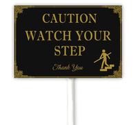 Panneau d'avertissement « Caution Watch Your Step Yard » avec piquet - Plaque en aluminium noir pour intérieur/extérieur, maison ou entreprise - Panneau d'avertissement pour escalier inégal - 30 x 20