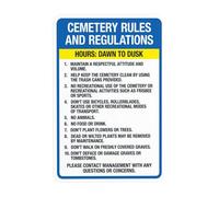 Panneau d'avertissement « Cemetery Rules And Regulation Hours Dawn to Dusk Contact Management With Questions » - Panneau en métal pour la sécurité des propriétés privées - 20,3 x 30,5 cm