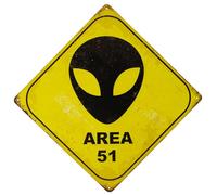 Panneau d'avertissement d'alien vintage Area 51, plaque en métal en forme de diamant jaune et noir, décoration murale rétro sur le thème OVNI
