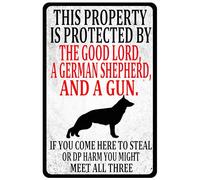 Panneau d'avertissement en étain « This Property Is Protected By The Good Lord A German Shepherd And A Gun » - Pour jardin, terrasse, extérieur, décoration murale - 30,5 x 40,6 cm