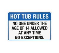 Panneau d'avertissement « Hot Tub Rules No One Under The Age Of 14 Allowed At Any Time No Exceptions » - Panneau en métal de sécurité pour maison, entreprise, rue, mur de sécurité, décoration