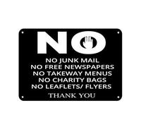 Panneau d'avertissement « No Junk Mail Free Newspapers Menus Bags Leaflets Thank You » - 20,3 x 30,5 cm