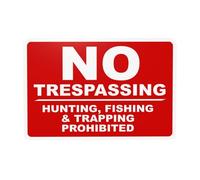 Panneau d'avertissement « No Trespassing, Hunting, Fishing And Trapping Interdiction », panneau d'avertissement sur fond rouge, panneaux en métal pour la maison, les entreprises, la sécurité, la