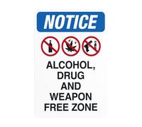 Panneau d'avertissement « Notice Alcohol Drug And Weapon Free Zone », panneaux en métal pour entreprise, maison, extérieur, intérieur, garage, mur de rue, décoration personnalisée, 20,3 x 30,5 cm