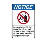 Panneau d'avertissement « Notice Employees Found To Be Under The Influence Of Alcohol or Illicit Drugs » - Panneau d'avertissement en métal pour entreprise, maison - Décoration personnalisée - 20,3 x