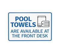 Panneau d'avertissement « Pool Towels are available at the front desk » - Panneau d'avertissement en métal pour la maison, le travail, l'extérieur, l'intérieur, la cour, le garage, la rue, le mur de