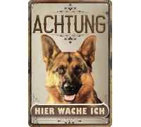 Panneau d'avertissement pour chien résistant aux intempéries et stable pour l'extérieur - Panneau d'avertissement « Achtung hier wache ich! » Plaque décorative en aluminium Dibond résistant aux