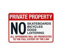 Panneau d'avertissement « Private Property No Skateboards Bicycles Dogs And Loitering All Offenders » - Panneau d'avertissement en métal pour la maison et les entreprises - Décoration murale