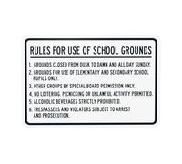 Panneau d'avertissement « Rules For Use Of School Grounds Closed From Dusk To Dawn And All Day Sunday » - Panneau d'avertissement en métal pour la maison et les entreprises - 30,5 x 20,3 cm