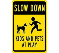 Panneau d'avertissement Slow Down - Kids Pets at Play Graphic, panneau routier noir sur jaune, panneau commercial 30,5 x 20,3 cm en aluminium